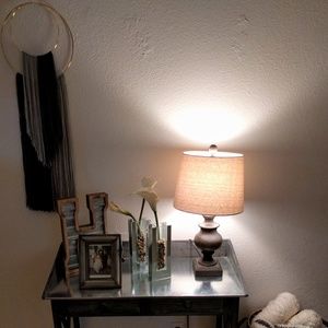 Dark & light gray yarn wall hanging on gold hoops